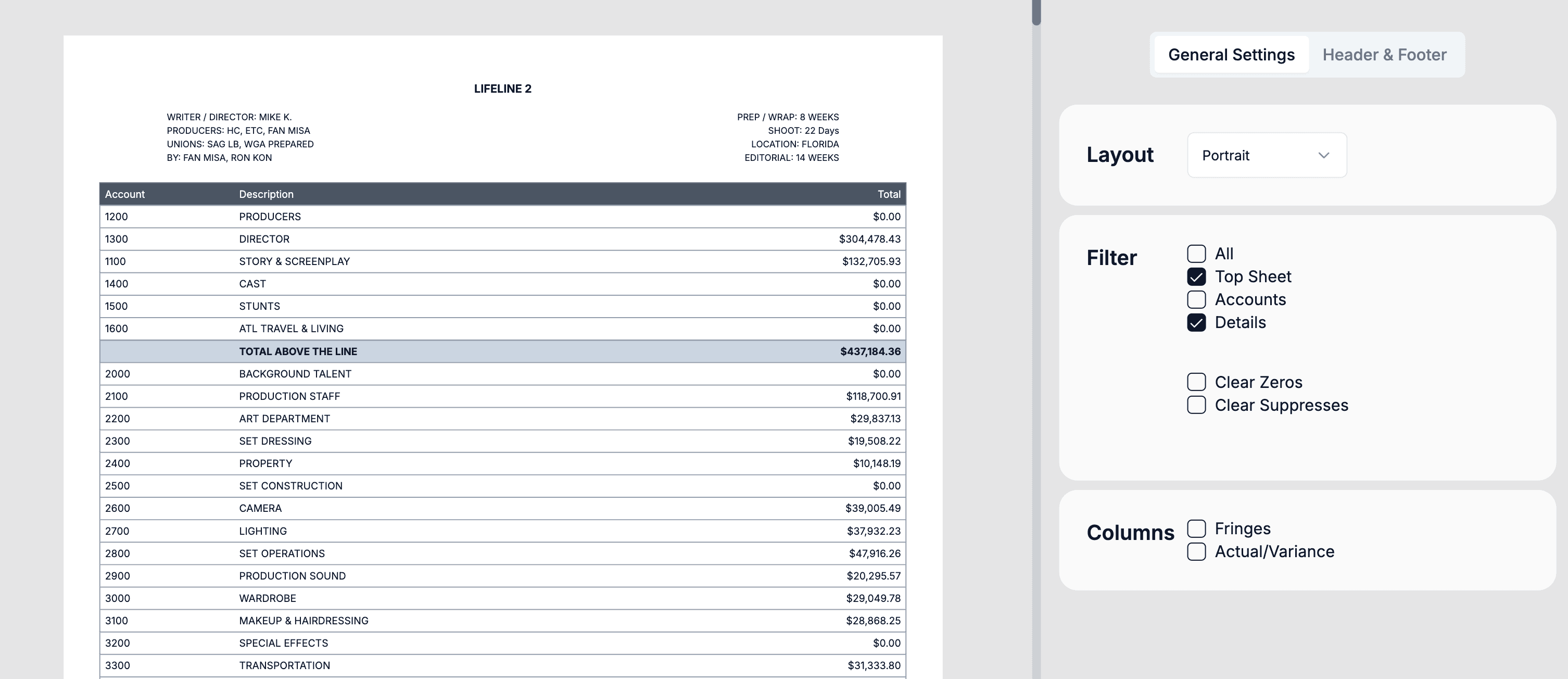 Automated film budgeting with union rates in Shamel Studio