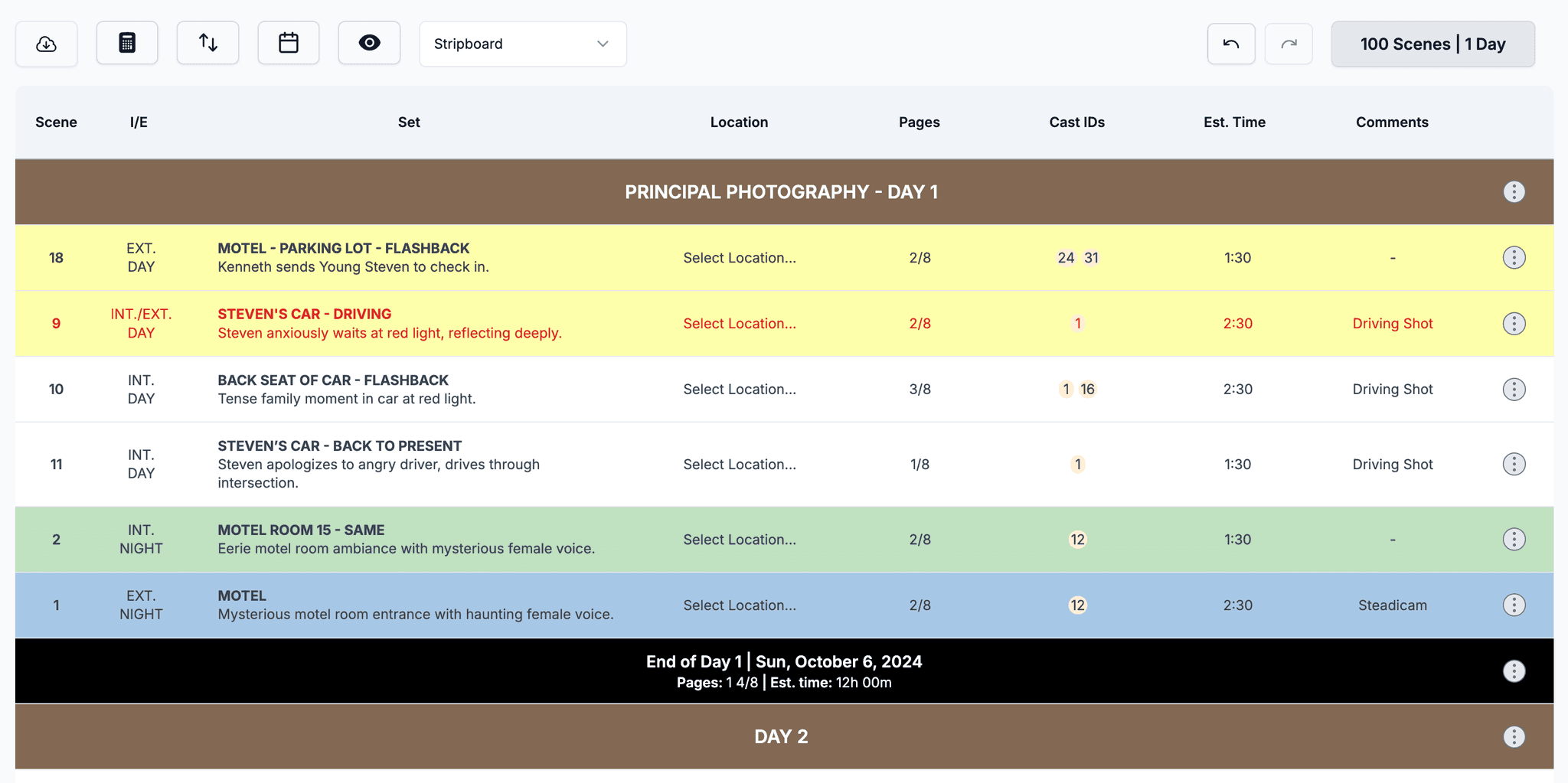 Film stripboard scheduling example